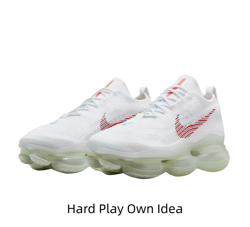 Trendy low-top running sneakers with breathable white knit upper. Red-blue striped logo and translucent cushioned sole bring comfort for daily streetwear matching.
