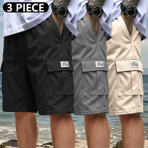3-pack men’s cargo shorts, mid-thigh length (doesn’t go past the knee), non-stretch fabric, wear-resistant and tear-resistant material, multi-purpose pockets, no rear pocket, adjustable waistband — suitable for gym workouts, hiking, and jobsite tasks; gre