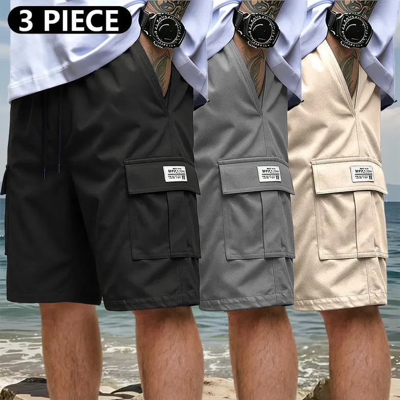 3-pack men’s cargo shorts, mid-thigh length (doesn’t go past the knee), non-stretch fabric, wear-resistant and tear-resistant material, multi-purpose pockets, no rear pocket, adjustable waistband — suitable for gym workouts, hiking, and jobsite tasks; gre