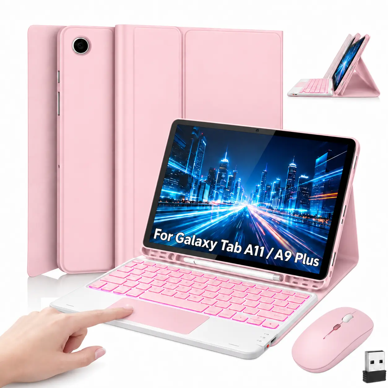 Wireless Keyboard Case for Samsung Galaxy Tab A11 Plus 2026/A9 Plus 2023 11", Rechargeable 7-Color Backlit Touchpad Keyboard Protective Cover with Wireless Light-Up Mouse, Stylus Pen and Pen Holder, Tech Accessories