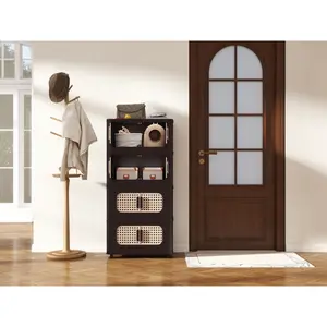 Retro Brown, 20" Side Wide Folding Storage Cabinet ,4 Tiers,19.69"*11.81"*40.55",Collapsible Storage Bins with Magnetic Door, Plastic Storage Cabinet with Wheels