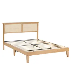 GARVEE Full Bed Frame with Natural Rattan Headboard, with Led Lights, Under Bed Storage, Full Platform Bedframe, No Box Spring Needed, Easy Assembly, Noise Free