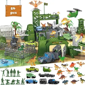 Army Toys and Dinosaur Toys, Large Battle Playset Set Includes Army Men Action Figures, Military Battle Mat, Dinosaur Figures, Helicopters, Trucks, Cannon, Commanders, Jeeps, Armored Car action figures Tents Fence Combatants (56PCS)   action figure