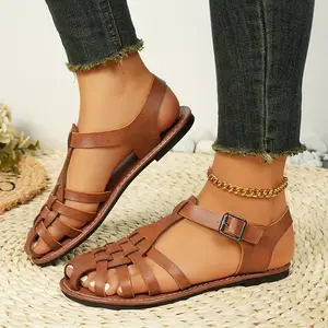 Wide feet heels，closed toe wedge sandals for women heels，women's Woven Closed Toe Flat Sandals - Retro Gladiator Style, Adjustable Buckle, Non-Slip Summer Shoes