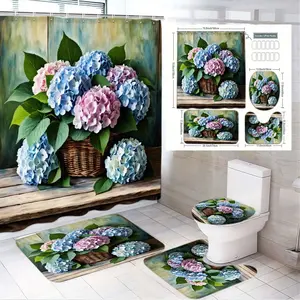 4pcs Floral Elegance Bathroom Set, Blue & Hydrangeas, Wicker Basket Design, The floor mat fabric is thicker and softer! Charming Shower Curtain, Luxe Bath Mats, Toilet Seat Cover