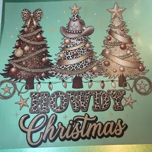 Howdy Christmas Gold and Silver Long Sleeve Tee with Festive Tree Design and Leopard Print Accents