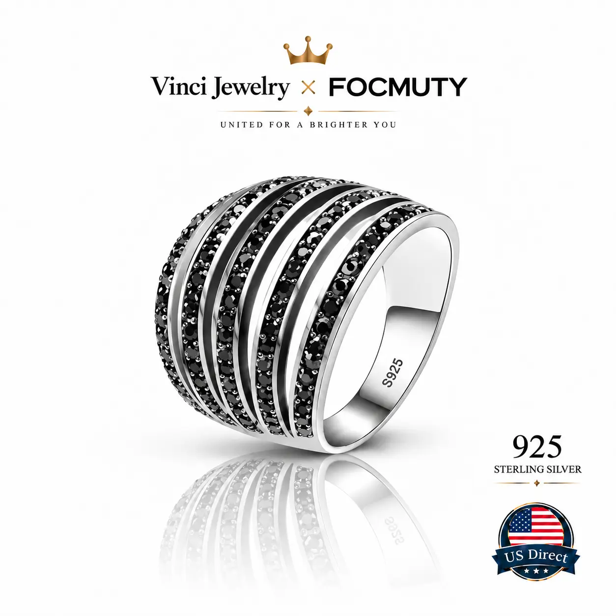 FOCMUTY 925 sterling silver Luxury Black Spinel Inspired Multi Row Pavé Band Ring Modern Glam Rock Chic Statement Ring Minimalist Edge Elegant Party Accessory Unisex Daily Wear Night Out Street Style Gift for Her Trendy Stackable Ring Y2K Aesthetic Bold