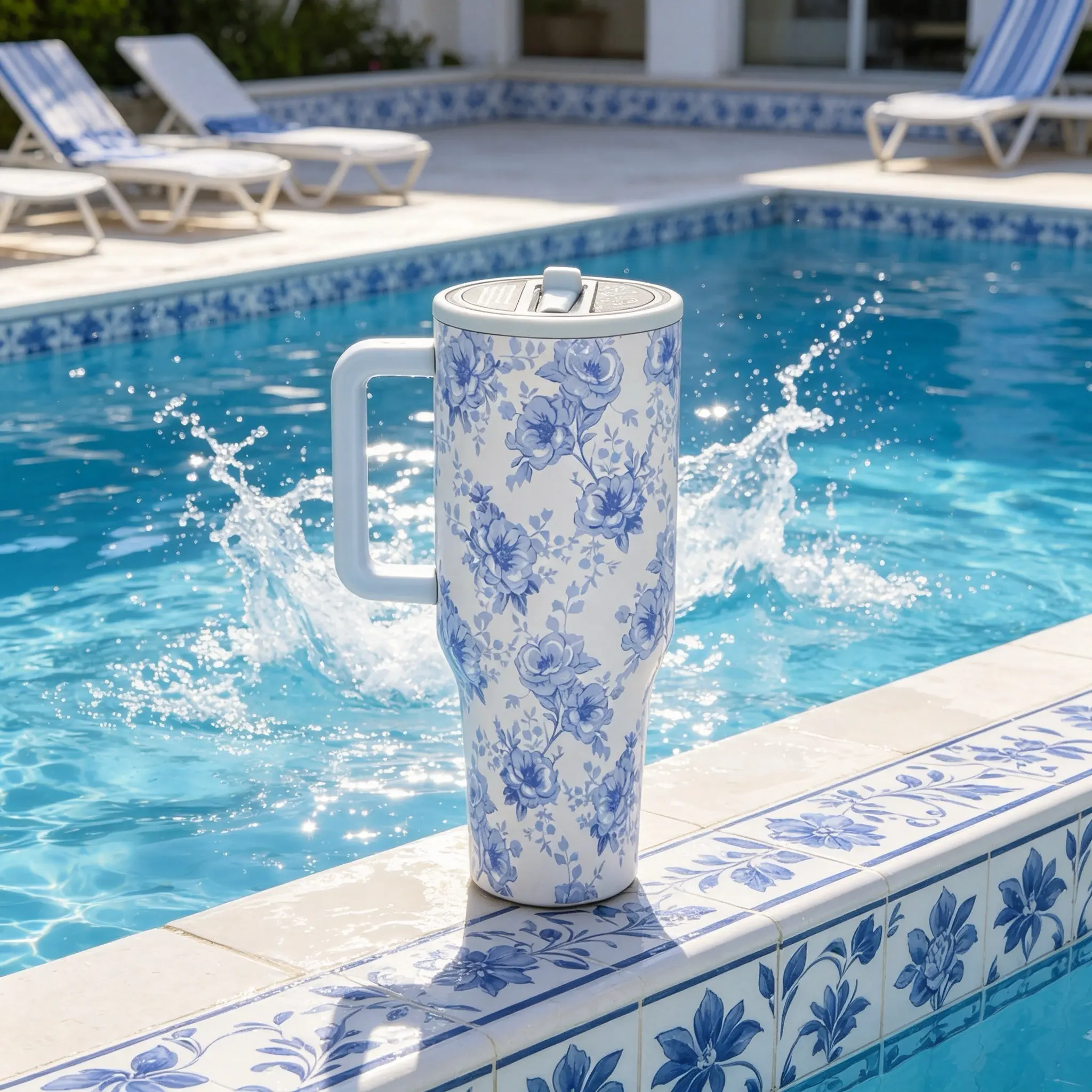 HydroJug 40oz Blue Floral Pattern Insulated Stainless Steel Water Bottle, 24-Hour Cold Retention, Leak-Proof Design With Handle And Straw, Non-Slip Rubber Base, Portable Insulated Travel Tumbler, Car Cup Holder Compatible, Ideal For Outdoor And Beach Use
