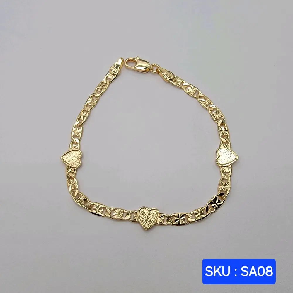 Elegant Bracelet with Hearts 7.5 Inches long 4 millimeters wide Stylish Comfortable Fit for Special Occasions.  Laminated  Gold SKU: SA08 Adjustable Bangle Jewelry Gold Plated