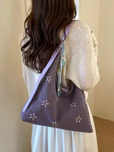 1pc Ladies' floral embroidered suede tote bag, gentle rustic style, with colorful hanging details, suitable for commuting, leisure travel, and short distance travel