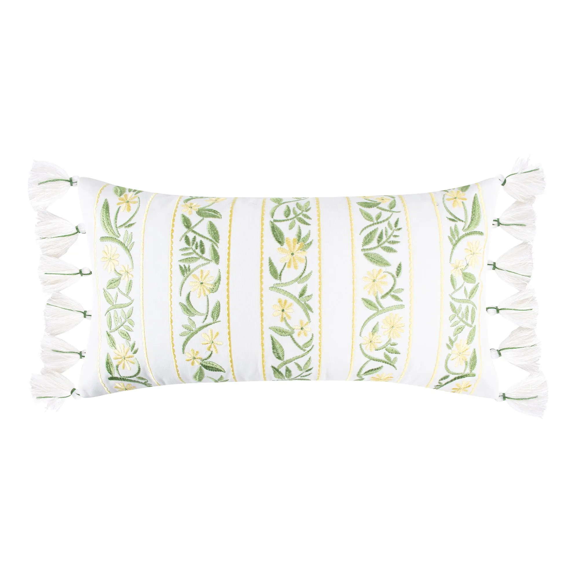 Decorative Daffodil Motif Embroidered Floral Stripe Pillow with Playful Tassel Edges, Removable Cover, Easy Care, Feather Insert