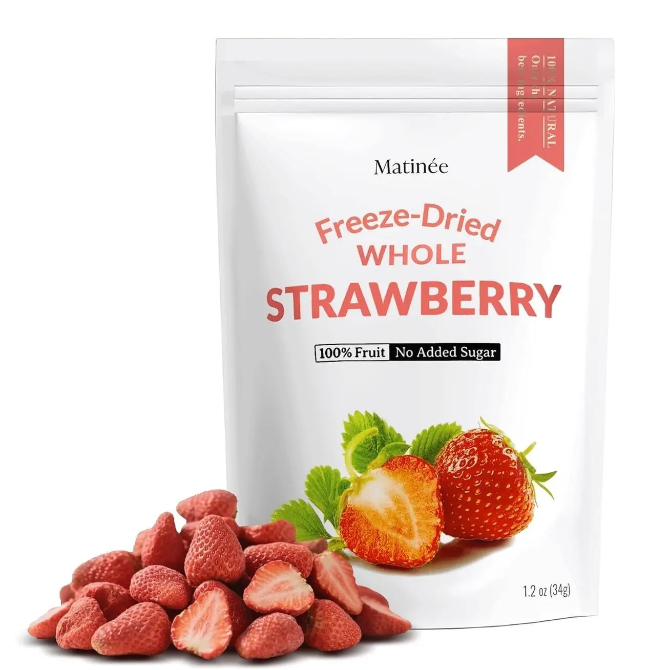 MATINÉE Freeze Dried Strawberries, Whole Dried Strawberries, Dehydrated Fruit, Dried Fruit Snack for Baking, Yogurt & Kids Treats-Vegan, Non-GMO, Preservative Free, 1.2oz, 34g (Pack of 4 Bag)