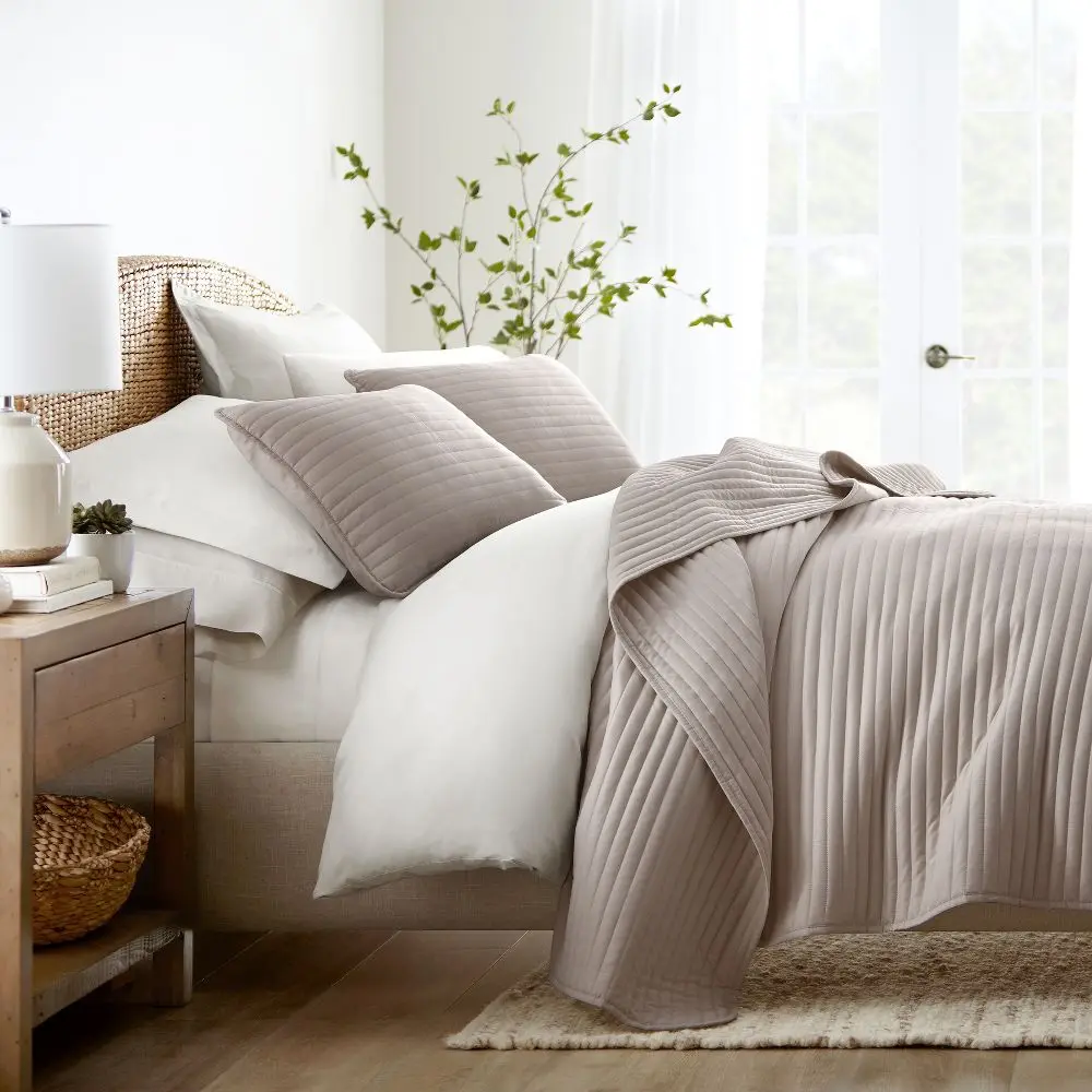 Stripes Floral and Diamonds Quilted Coverlet Set With Shams - Becky Cameron Stripe Stitch / Latte King/California King