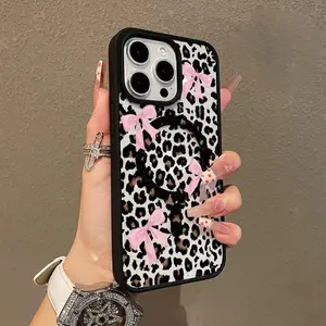 Leopard Print Bow Pattern Premium Magnetic Phone Cases for iPhone 16 15 14 Pro Max 13 12 11 Plus Smartphone Shockproof Protection Acrylic Cover Cellphone Protective magsafe magnetic case Aesthetic Resistance Casing Protector.QXE719