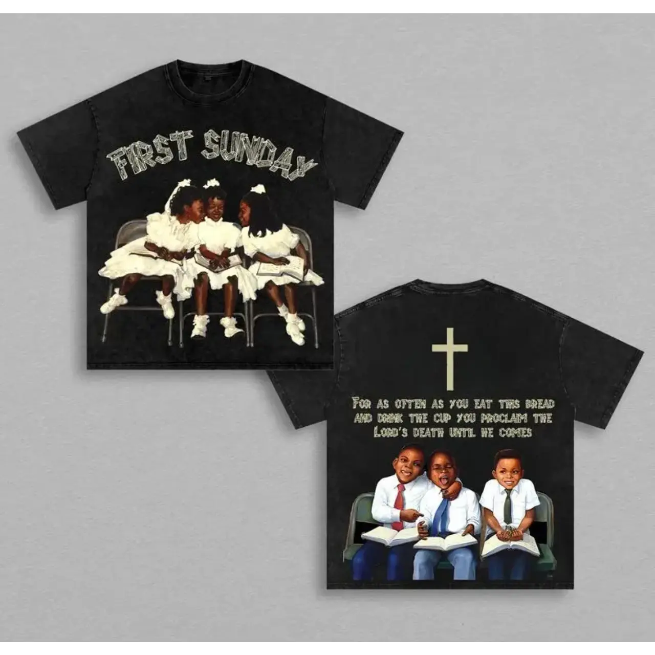 Men's Vintage Graphic T-Shirt, Oversized Washed Cotton Short Sleeve Top with a Distressed "First Sunday" Christian Design, Tshirt, Shortsleeve