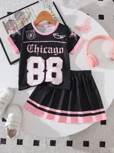 Girls' Casual 2-Piece Set, Short Sleeve T-Shirt & Dress, Soft Knit Fabric, Outdoor Wear, All over Print Design, Girl Clothes School