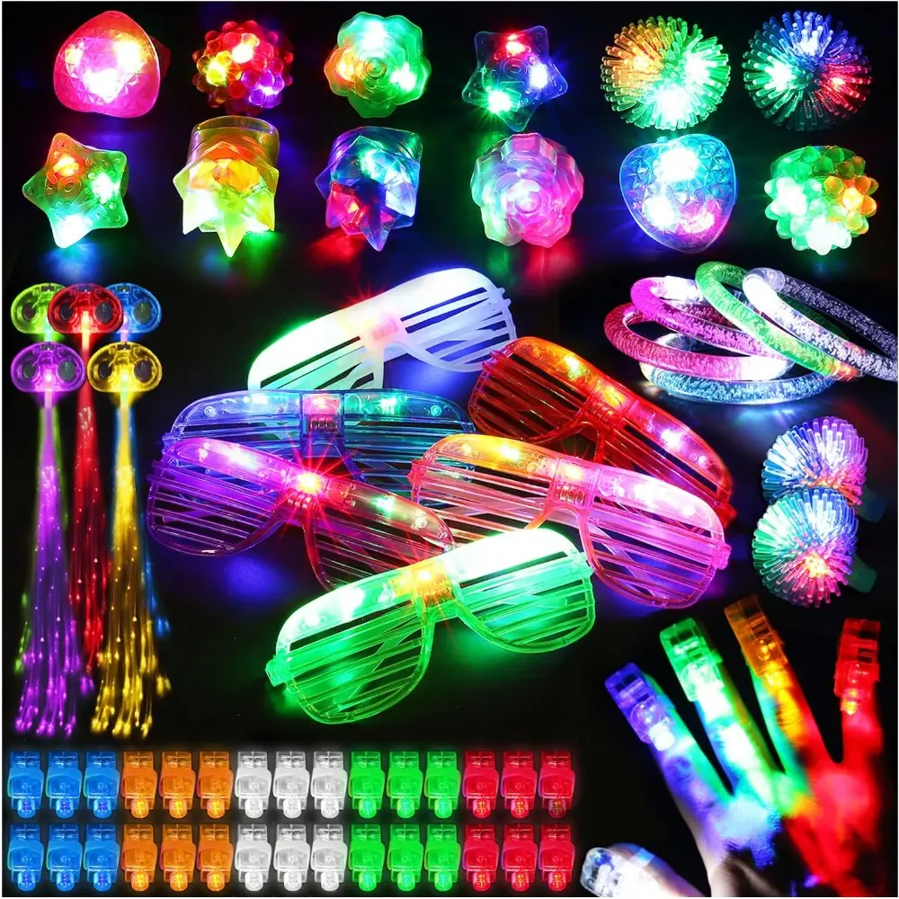 78 PCs LED Light Up Party Favors and Supplies for Adult and Kids-Glow in The Dark, Including 50 Finger Lights, 12 Jelly Rings, 6 Flashing Glasses, 5 Bracelets, 5 Fiber Optic Hair Lights