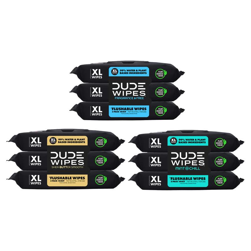 DUDE Wipes Stool Kit- 9 Packs, 432 Flushable Wipes -- Mint Chill, Shea Butter, & Unscented - Extra Large & Septic Safe