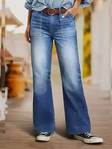 1 Piece High Waisted Utility Pocket Wide Leg Button Jeans, All-Season Fit Baggy Straight Denim Pants, Trendy Y2K Vintage Style for Ladies, TikTok Viral Everyday Casual Trousers, Women