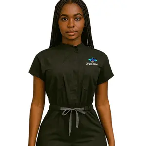 FeeBee Women’s Scrub Jumpsuit – One-Piece Medical Uniform with Scrunched Waist, Adjustable Tie & Functional Pockets