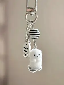 Plush Sea Otter Keychain, Y2K Sweet Cool Cartoon Pendant, Striped Beads + Fish Charm, Soft Cute School Style, Perfect Gift