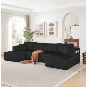 [Mother's Day Gift]Aobtkel.132" U Shaped Modular Sectional Sofa, Comfy Compressed Cloud Couch with Side Pockets, Modern Minimalist Corduroy Memory Foam Sleeper Sofa for Living Room, No Assembly Required,Black#Summervibes