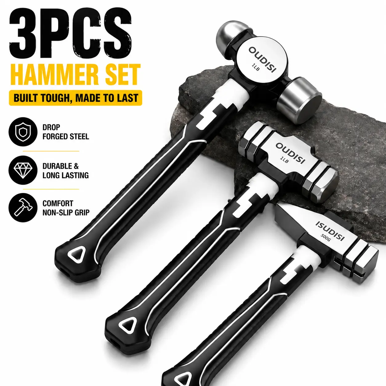 OuDiSi 3PCS Heavy-Duty Dual-Head Claw Hammer Set - Forged Steel Woodworking Tools with Non-Slip Grip, Nail Puller & Striking Function for Construction, DIY Projects