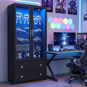 RoyalCraft Display Cabinet with Acrylic Doors, Modern Storage Cabinet with LED Lights, Bookcase with Drawers & Adjustable Shelves, 3-Tier Curio Cabinet for Living Room, Home Office, DopamineDecor