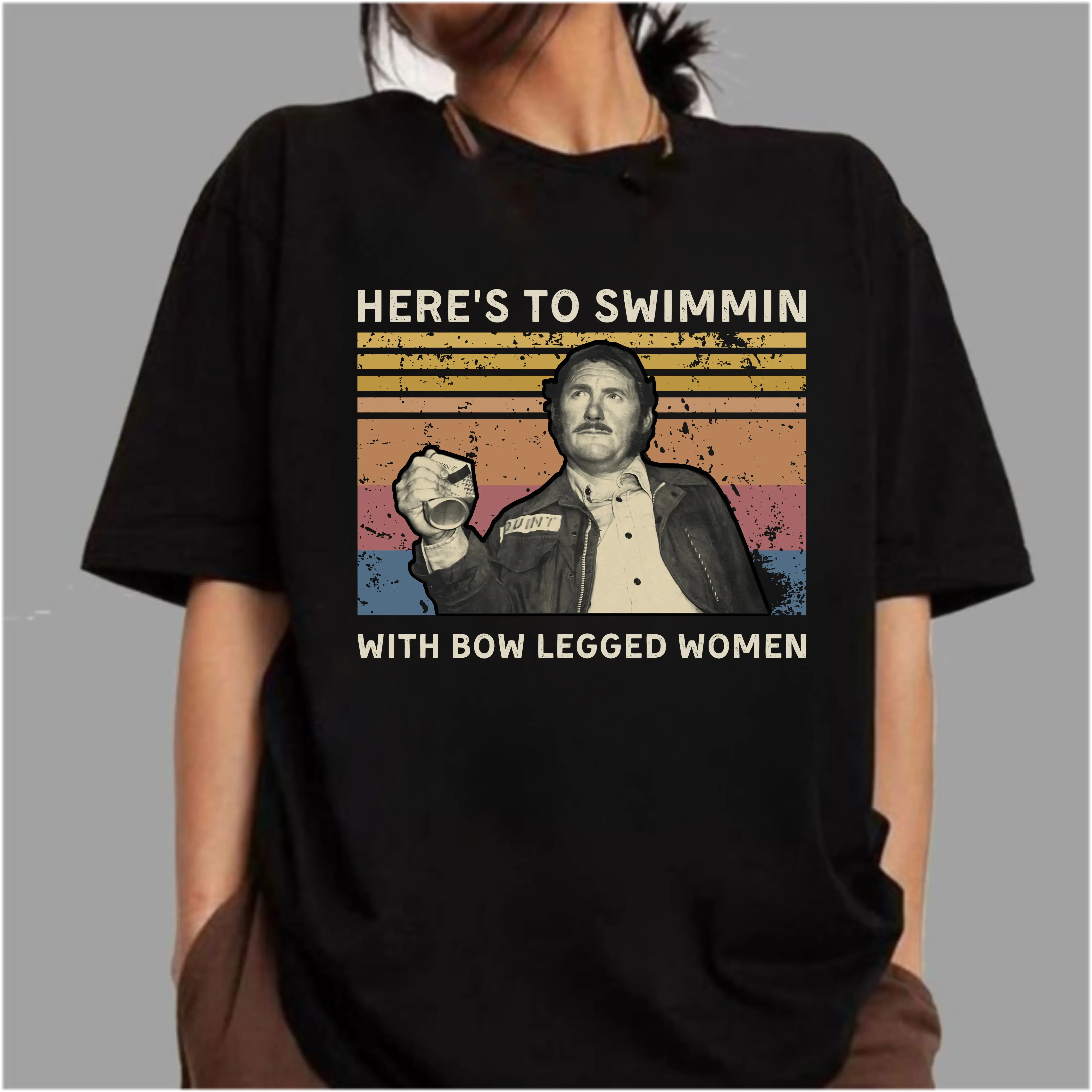 Men's Jaws Movie Fan Cotton-Spandex Blend Tops - T-Shirt, Hoodie, Sweatshirt with Retro Quint Graphic Print, Classic Fit