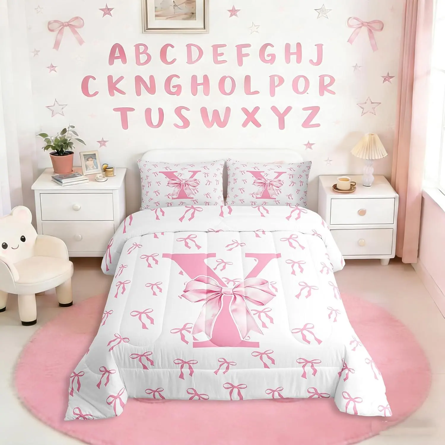 Cute Pink Princess Comforter Set,Dreamy Coquette Bows Bedding Set,Watercolor Initial Letter Y Down Comforter Girly Ribbon Bowknot Duvet Insert