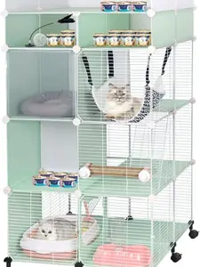 Cat Cage Indoor with Storage Cubes, 3-Tier DIY Cat Enclosures Kitten Playpen with 360° Universal Casters, Metal Wire Cat Kennel for 1-2 Cats, Ferret, Chinchilla 27.5'' L x 27.5'' W x 54.7'' H