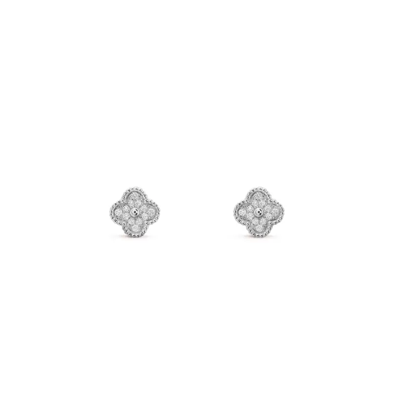 Pre-owned Van Cleef & Arpels Sweet Alhambra earstuds, rhodium plated 18K white gold, round diamonds，non full set