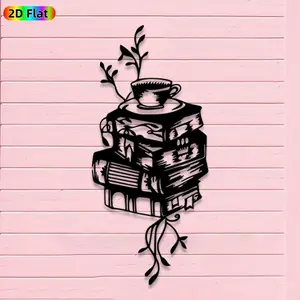 1pc Minimalist Stacked Books with Teacup and Twigs Metal Wall Art, Minimalist Stacked Books with Teacup and Twigs Statue Mural, Iron Craft, Perfect for Living Room, Office, Study Room Decor,Artistic Metalwork, New Year Decor, Ideal Gift for Book Lovers