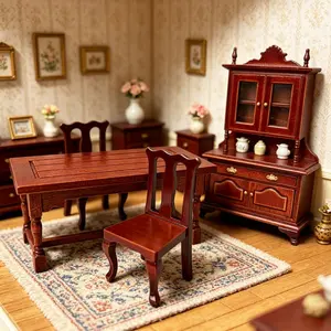 Vintage 1:12 Scale Dollhouse Dining Room Furniture Set, Mini Table Chairs Tea Table Side Cabinet Display Cabinet, Micro Decor Ornaments (Not For Real Human Use)