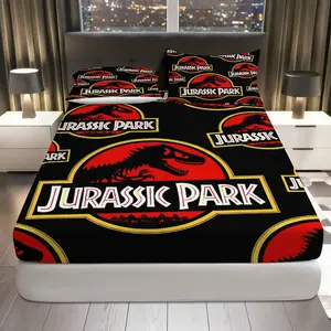 3Pcs Jurassic Park Dinosaur Movie Fitted Sheet Three Piece Set (1*Fitted Sheet+2*Pillowcases, Coreless), Halloween theme, Sci-fi Bedding Set, Mattress protector Soft, Breathable