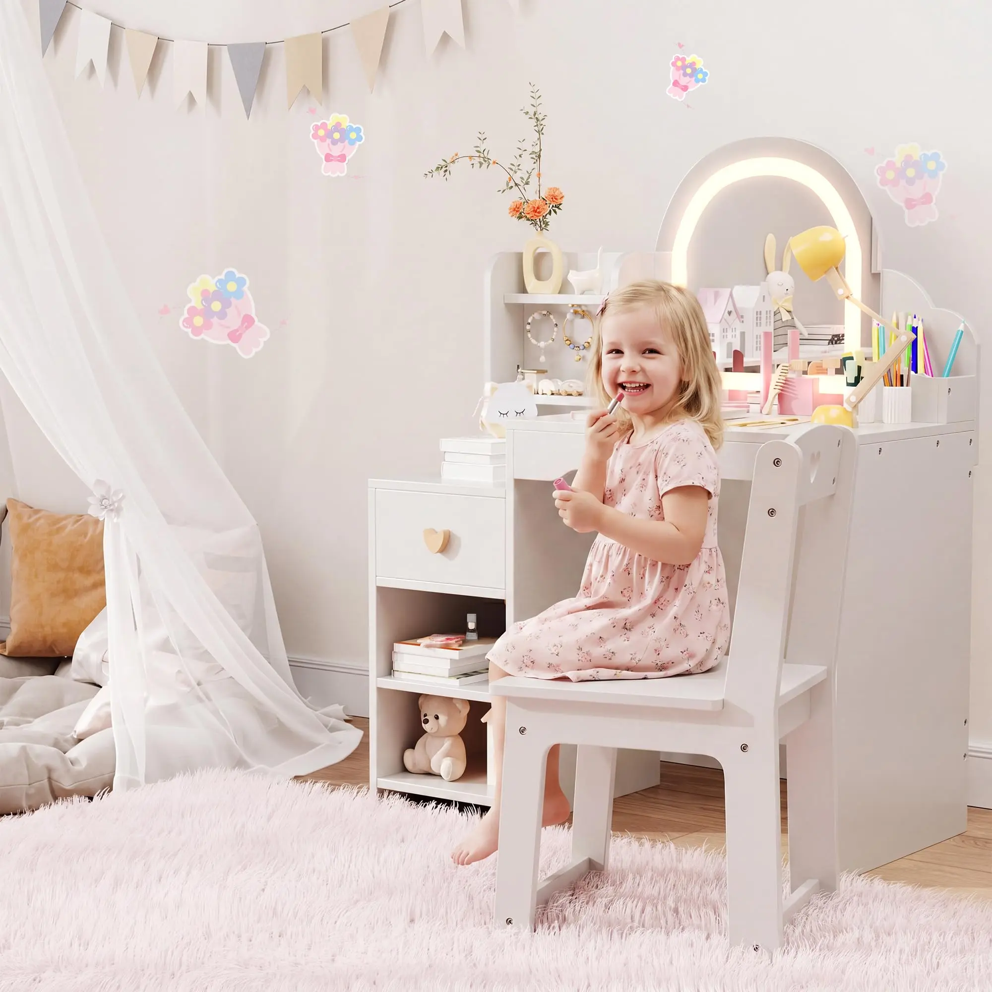 Flash Sale Home Items Girls Kids Vanity Set with LED Light Up Mirror, Safe Rounded Edge Construction, Large Storage Drawer to Organize Accessories, Creative Pretend Makeup Dress-Up Play Furniture, Perfect Festival Birthday Gift for Little Girls