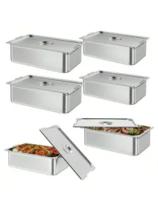 silver- 6 Pack Full Size Food Pans, 6 Inch Deep Commercial Catering Hotel Pan, NSF Certified, Stainless Steel Anti-Jamming Steam Table Pan, Handle + Lid
