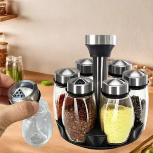 360° Rotating Spice Rack Tower Set With 6 Glass Refill Containers, Single And Double Seasoning Storage, Suitable For Kitchen Countertop Accessories, Shelves