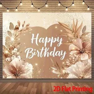 1pc 2D Flat Banner, Happy Birthday Backdrop Pink Rose Golden Glitter & Pampas Grass Design Polyester fabric Photography party banner - for living room, bedroom, indoor classrooms, camping Exquisit