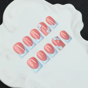 10pcs/Set Handmade Square Nail Tips, Y2K Baddie Style, Nude & Blue Color French Tip With Floral Design, Suitable For Women & Girls, Party, Wedding, Daily Wear, Includes Tool Kit, Great Gift For Ladies Nails Nail Supplies Handmade Press On Nails