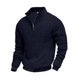 Men's solid-color knitted waffle texture quarter zipper long-sleeved pullover sweatshirt hoodie - A stand-up collar casual pullover with pockets, a warm and soft fabric base layer suitable for daily and outdoor wear，boyfriend christmas gifts