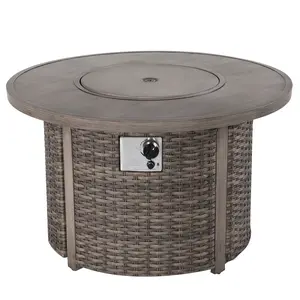 Patio Aluminum Rattan Fire Pit Table, Round Fire Table, Brown