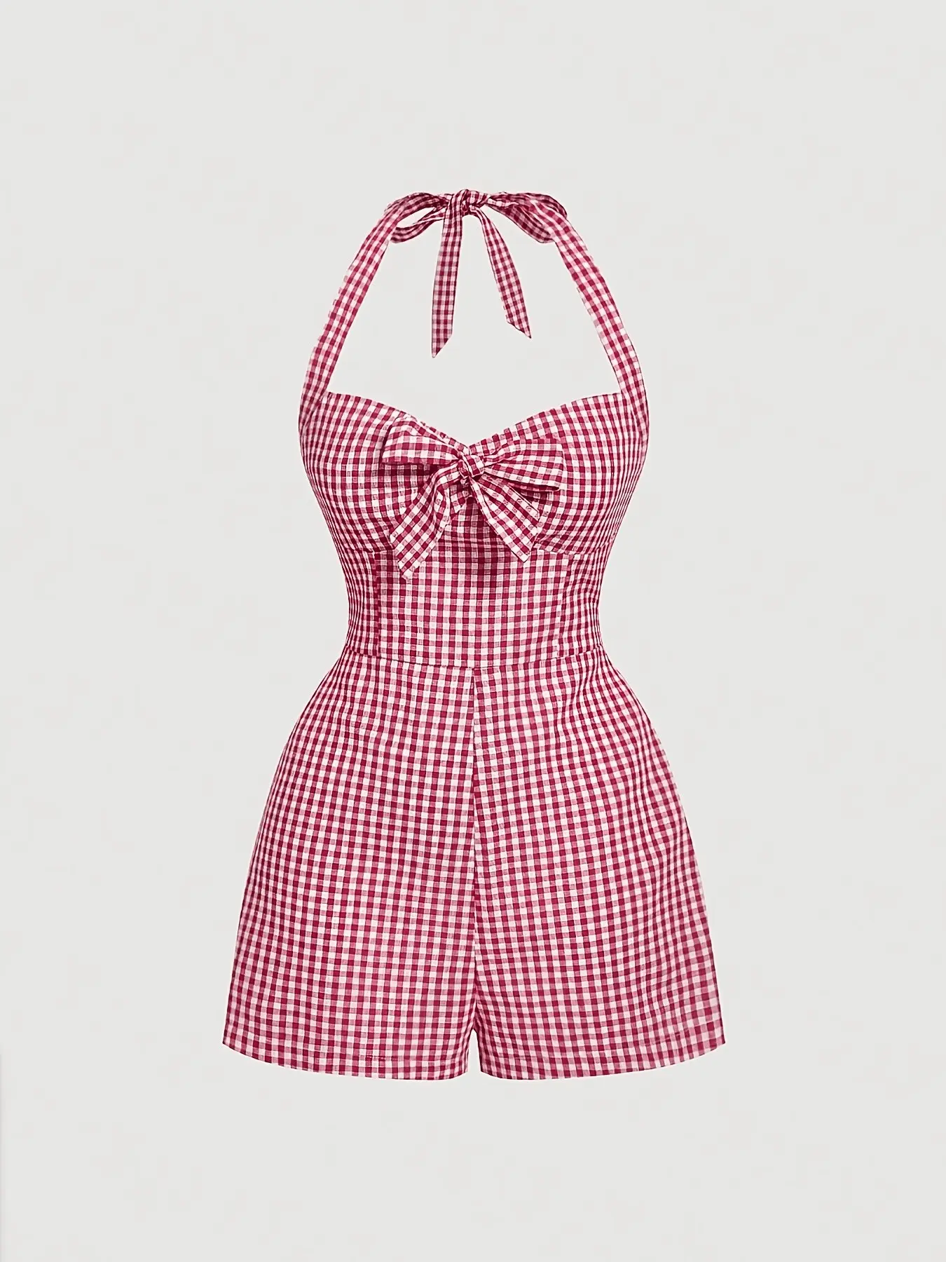 Women's Cute Plaid Halter Neck Tie Front Romper, Sleeveless, Casual Summer, High Waist Slim Fit, Sweet Cool Aesthetic Elegant Chic Style, Retro American Vintage, Beachwear