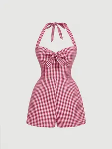 Women's Cute Plaid Halter Neck Tie Front Romper, Casual Summer, High Waist Slim Fit, Sweet Cool Elegant Style, Retro American Vintage, Beachwear