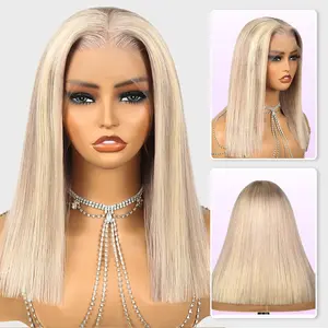 Megalook 6x5 Invisible Knots Glueless Champagne Blonde Straight Bob Wigs Realistic Hairline Beginner Friendly 100% Human Hair Wig Color P10613