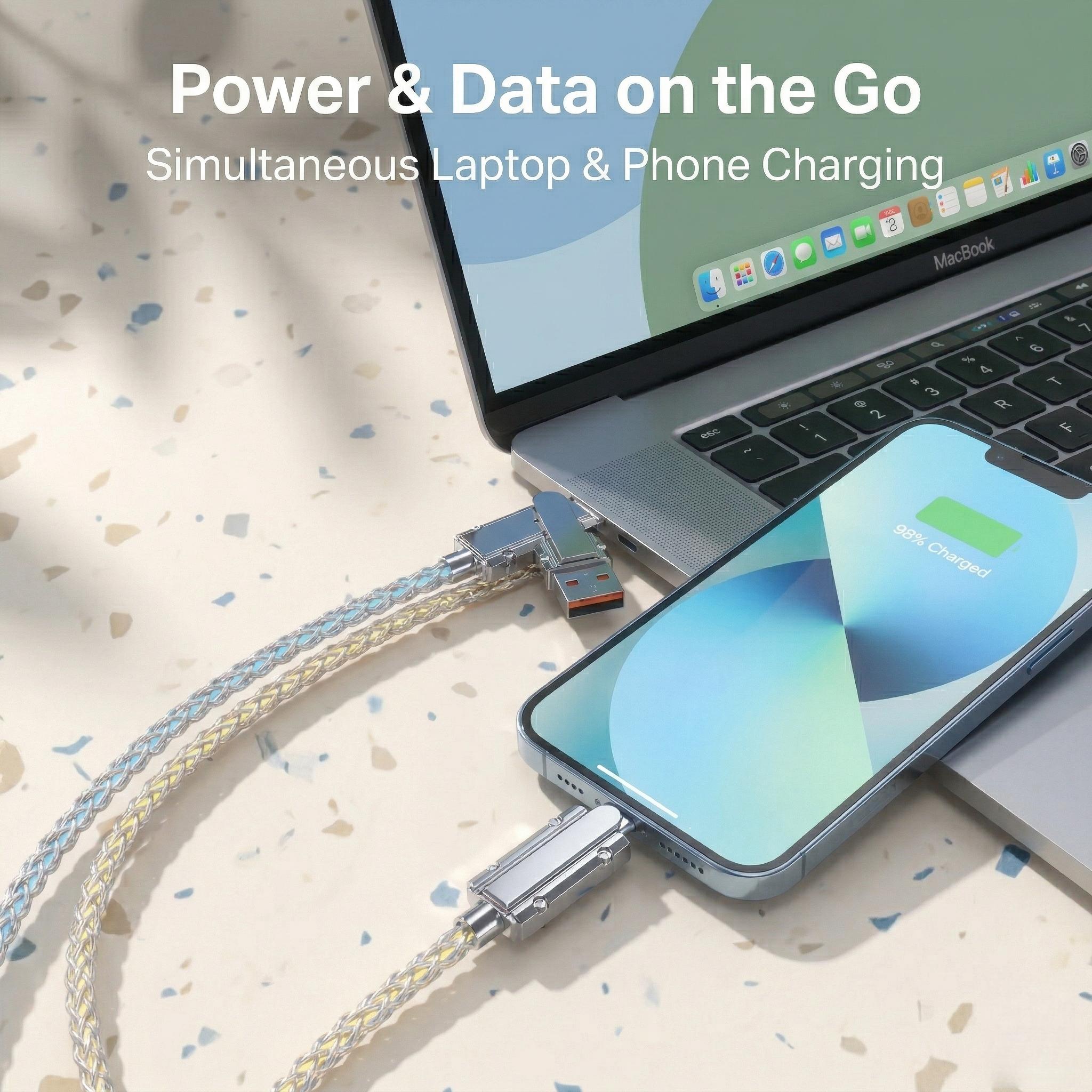 4-in-1 Colorful LED USB-C Charging Cable, 60W Fast Charge & Data Transfer, USB/Type-C/Lightning Compatible with iPhone, iPad, Samsung & More