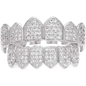 Iced Out Diamond Teeth Grillz for Men and Women-Hip Hop Silver Gold Tooth Grills (Top and Bottom)-Rapper Costume Mouth Grillz with Silicone Molding Bars