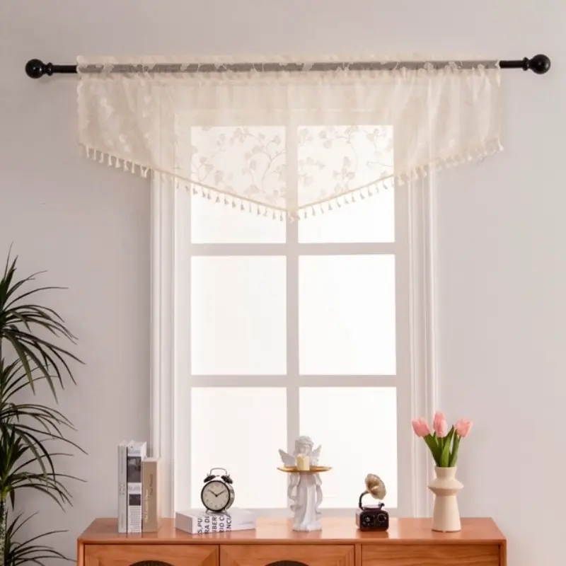 1pc Triangle Curtain with Fringe Trim, Kitchen Cafe Window Drapes, 24 Inch Long Curtains for Small Windows, Easy Installation
