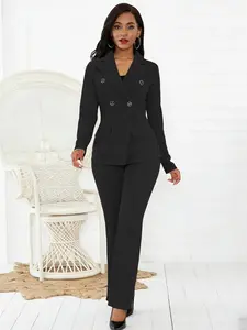 New Women's 2-Piece Set Fashion Elegant Simple Autumn Winter Double-Breasted Suit Straight Leg Long Pants Career