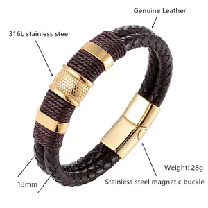 1pc Vintage Multi-layer Brown GENUINE Leather Mens Bracelet, Beaded Imprinted Bracelet, Stainless Steel Jewelry Wrist Bracelet Gift, Father's Day Gift